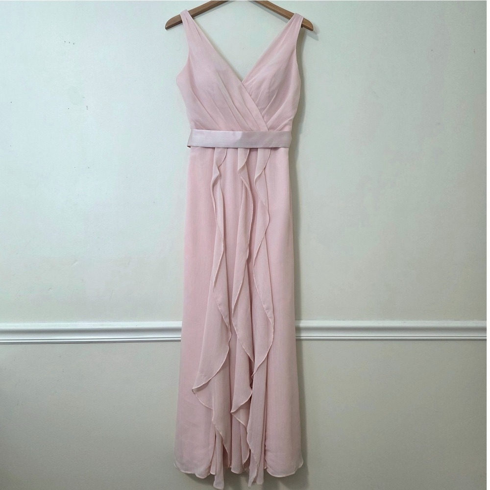 White by Vera Wang Chiffon Cascade Ruffle Gown Sz 8 Blush Pink Wrap Bridesmaid